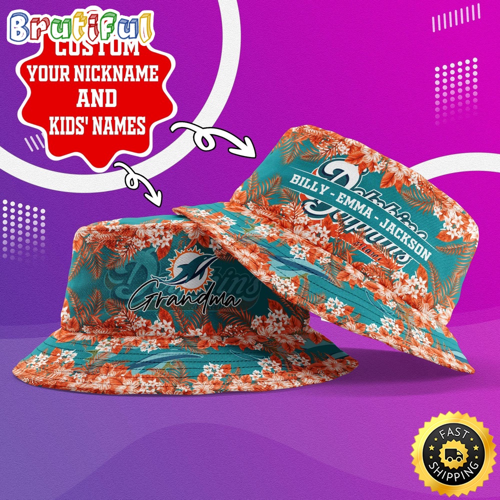 Customized NFL Miami Dolphins Bucket Hat Floral Pattern Hat For Football Fans