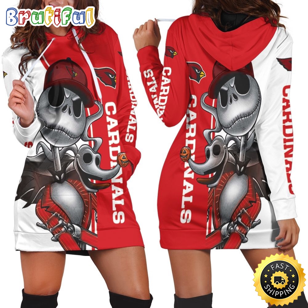 NFL Arizona Cardinals Hoodie Dress Jack Skellington And Zero All Over Print Hoodie Women