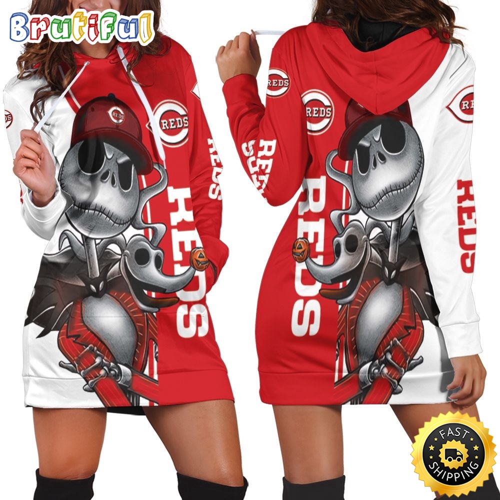 NFL Cincinnati Reds Hoodie Dress Jack Skellington And Zero All Over Print Hoodie Women