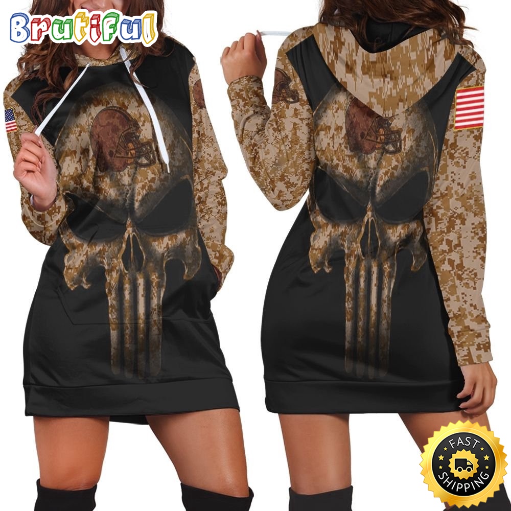 NFL Cleveland Browns Hoodie Dress American Flag Camouflage Skull