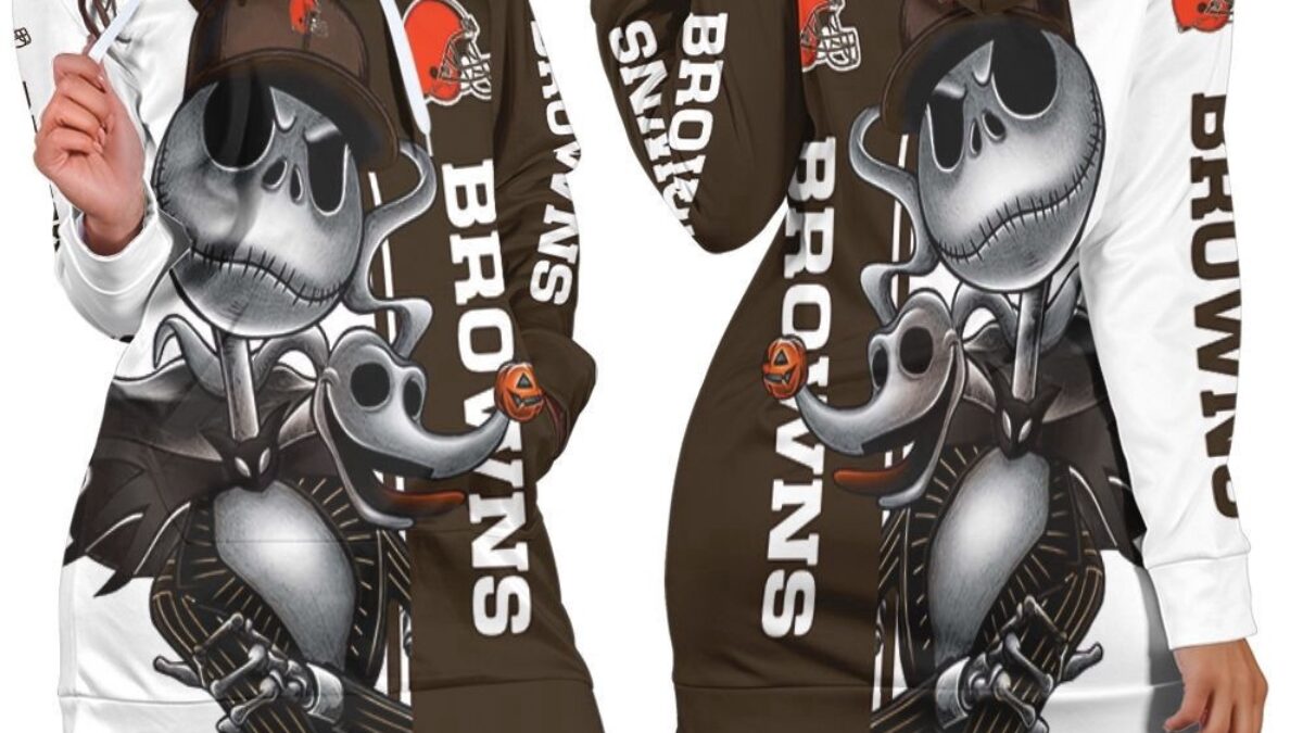 cleveland browns hoodie dress NFL Cleveland Browns Hoodie Dress Jack Skellington And Zero All Over Print Hoodie Women
