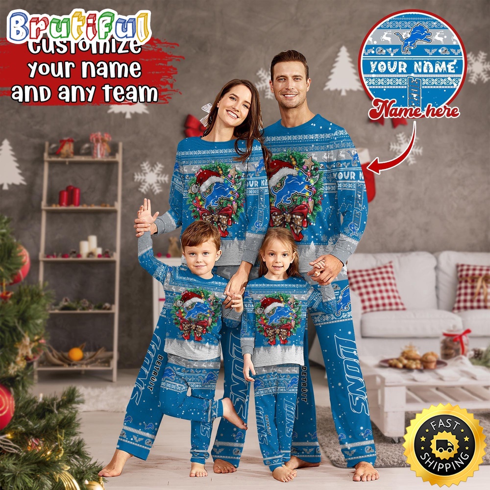 NFL Detroit Lions Pajamas Christmas For Family Custom Name Pajamas