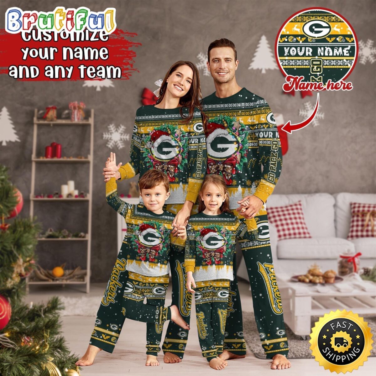 NFL Green Bay Packers Pajamas Christmas For Family Custom Name Pajamas