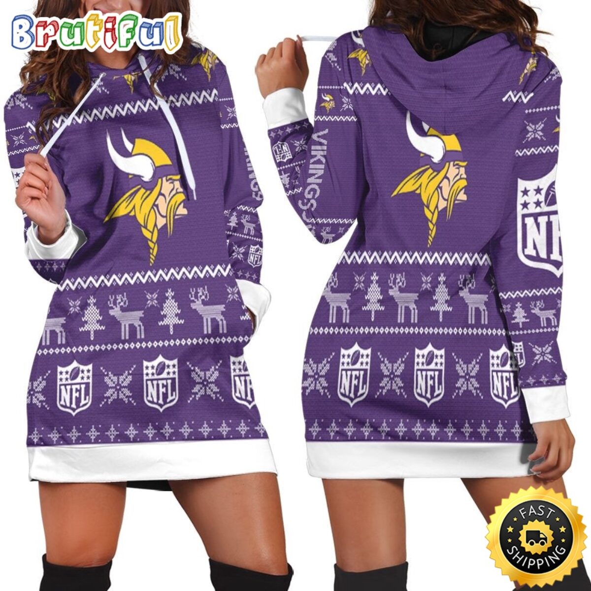 NFL Minnesota Vikings Hoodie Dress Christmas Print Hoodie Dress For Women