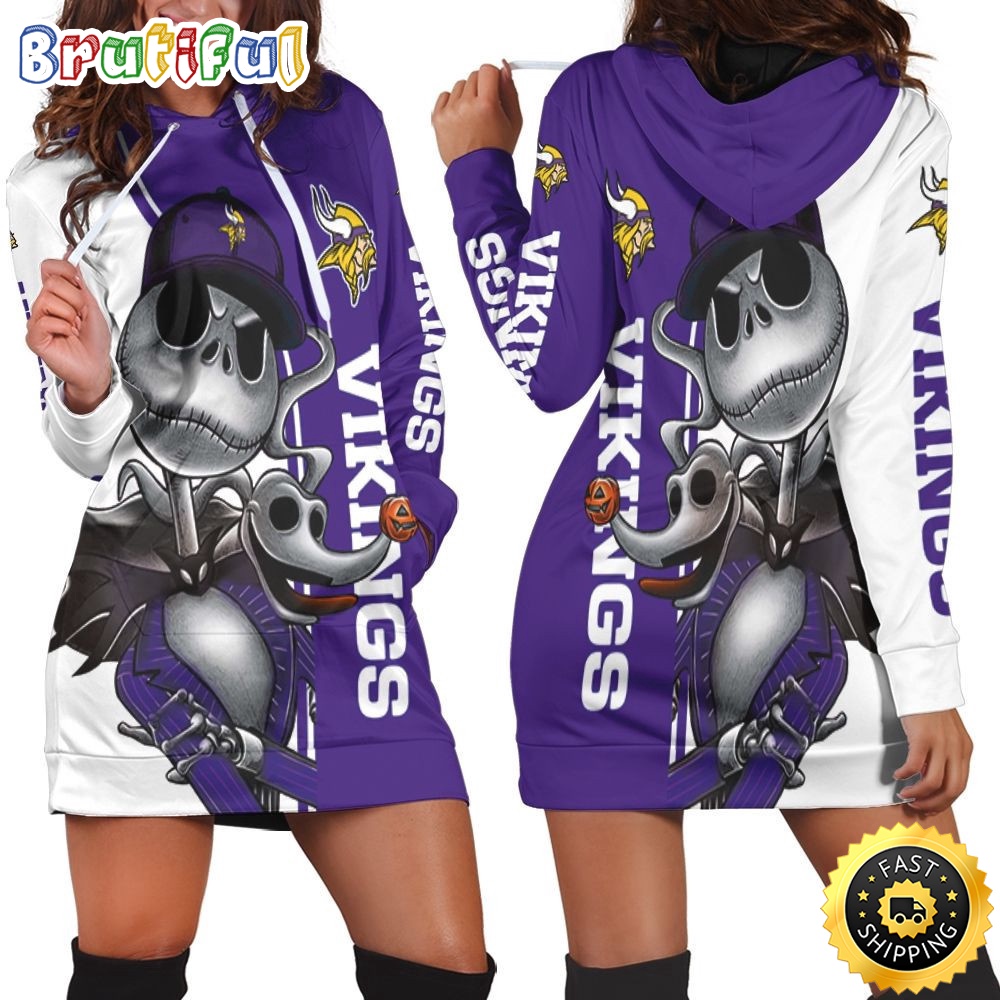NFL Minnesota Vikings Hoodie Dress Jack Skellington And Zero All Over Print Hoodie Women