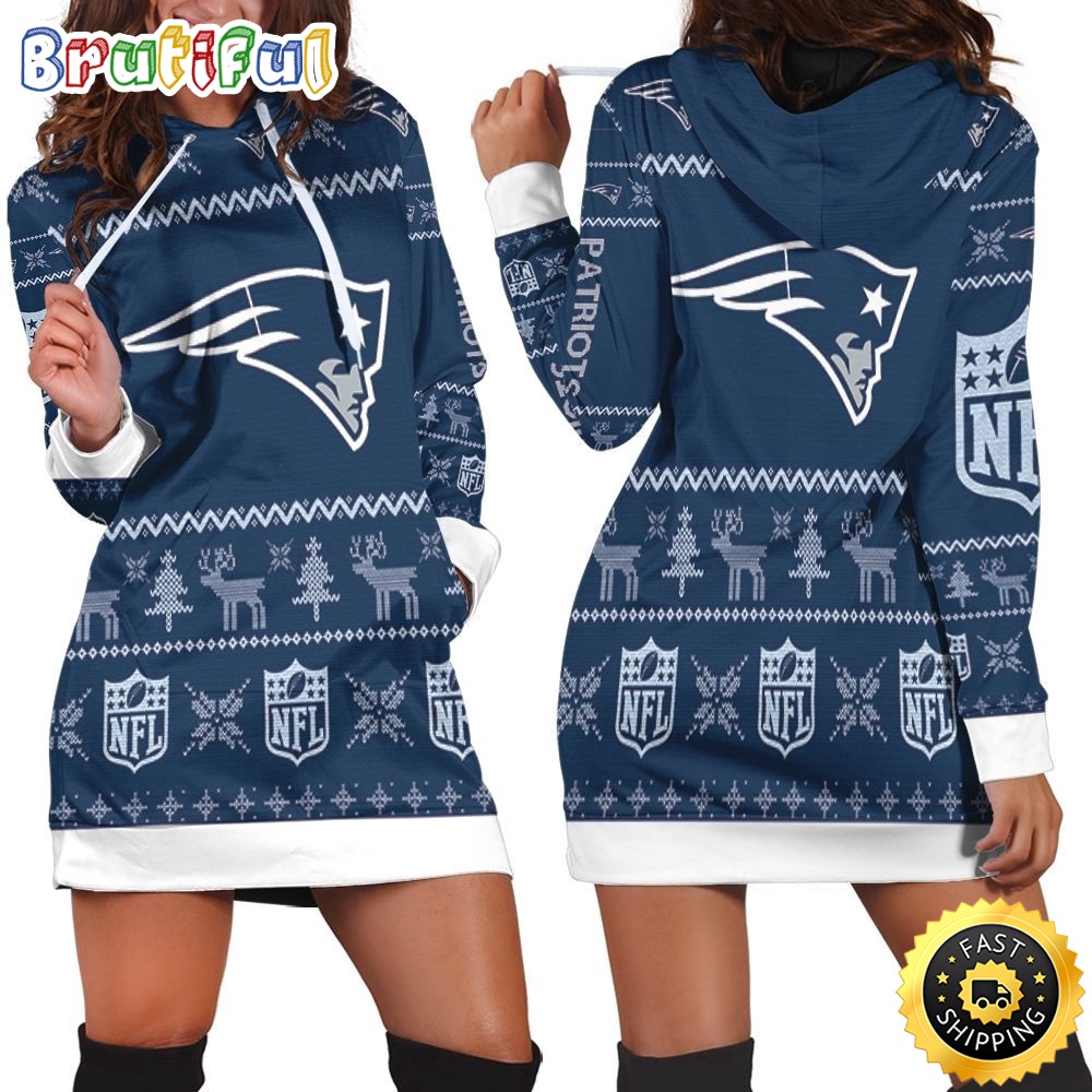 NFL New England Patriots Hoodie Dress Christmas Print Hoodie Dress For Women