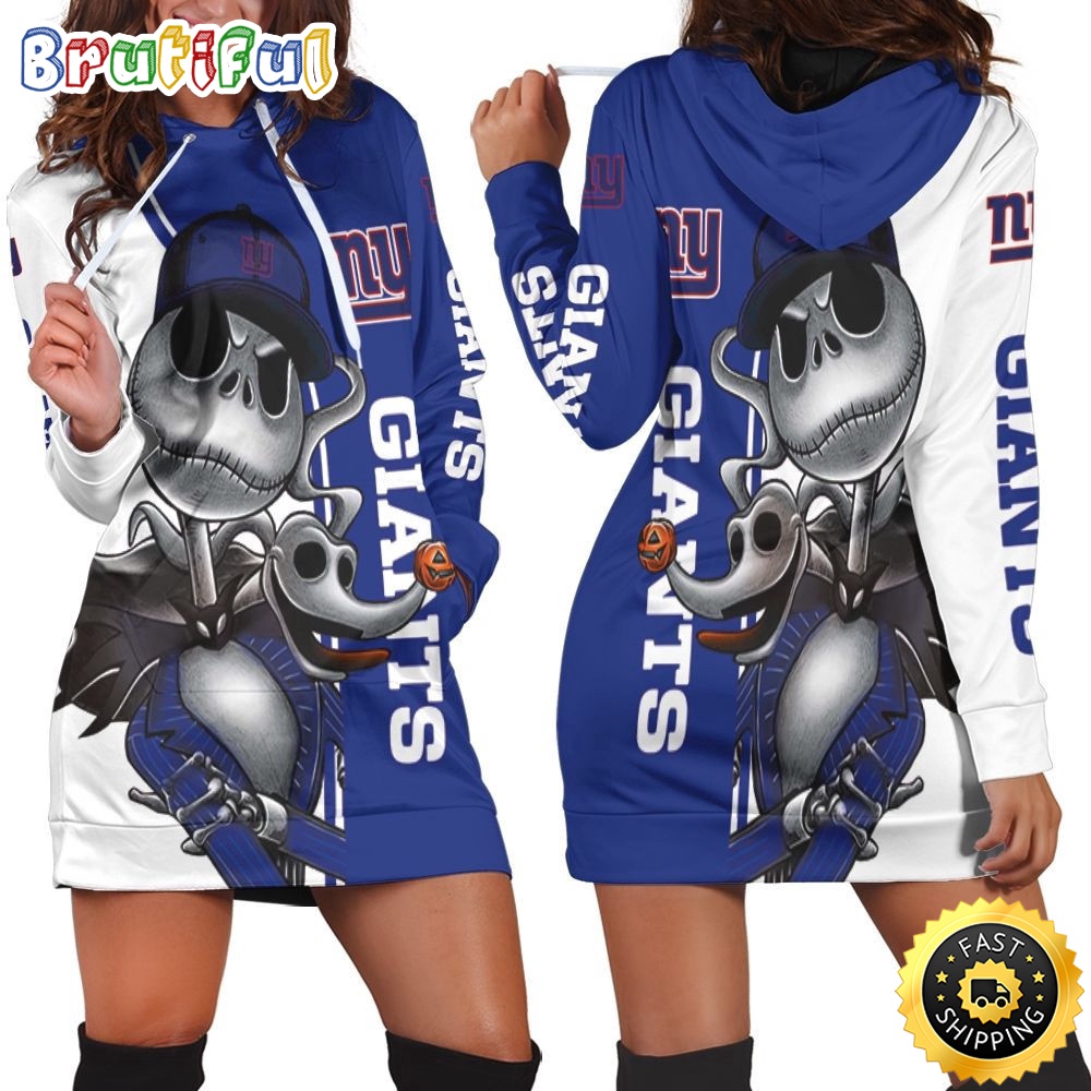 NFL New York Giants Hoodie Dress Jack Skellington And Zero All Over Print Hoodie Women