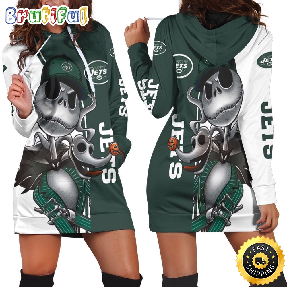 NFL New York Jets Hoodie Dress Jack Skellington And Zero All Over Print Hoodie Women