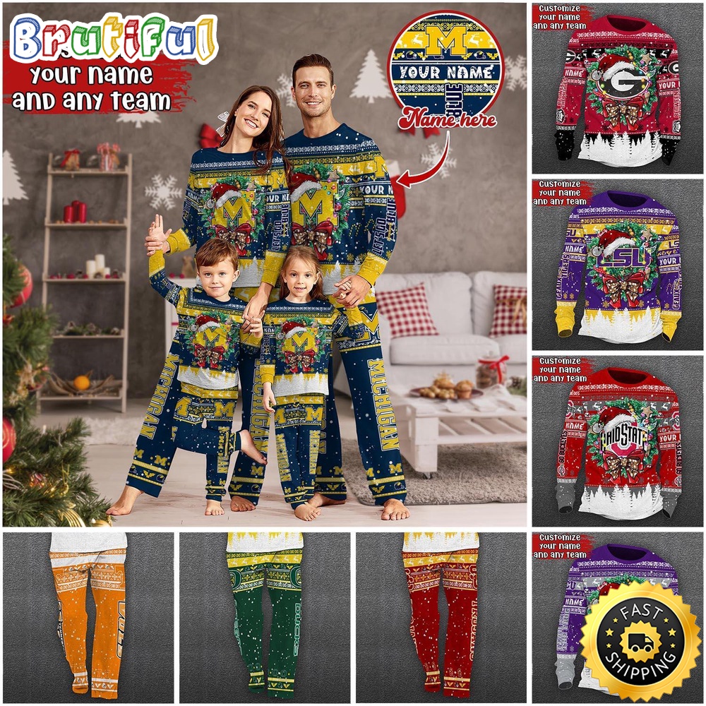 Personalized NCAA Customized Xmas Pajamas For Sports Fan, Custom Sport PJ For Family NA44873
