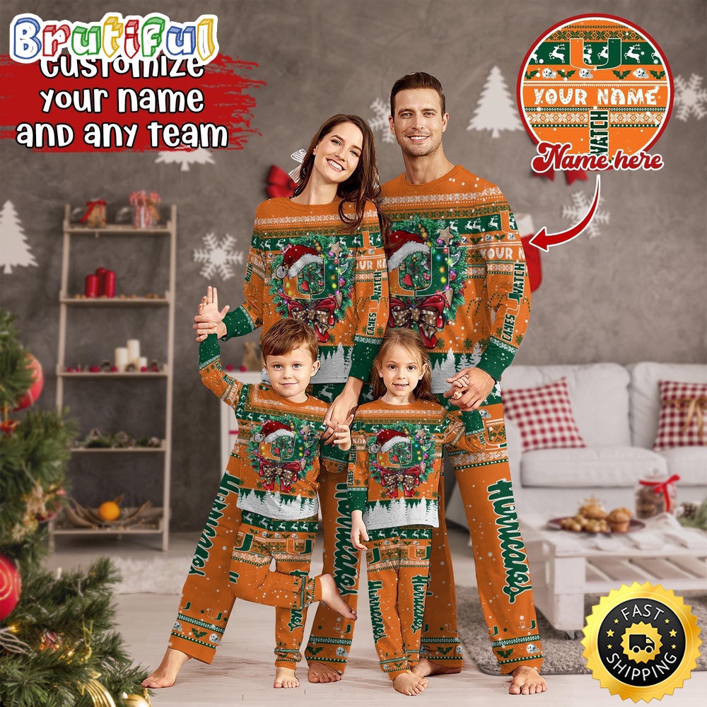 Personalized NCAA Miami Hurricanes Pajamas Xmas For Sports Fan