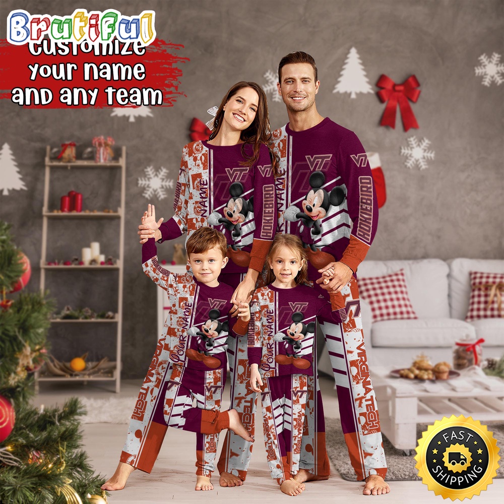 Personalized NCAA Virginia Tech Hokies Pajamas Mickey Mouse For Family