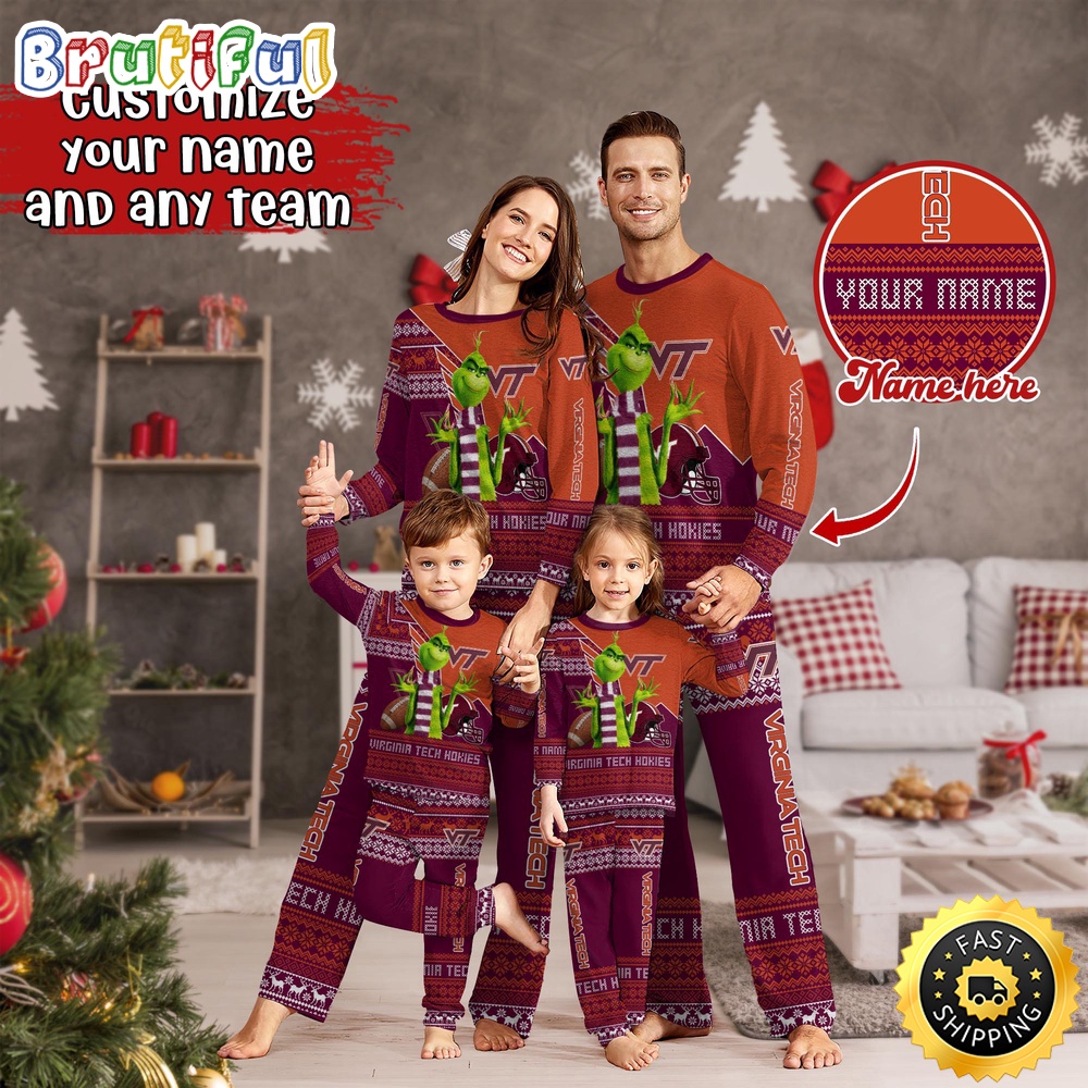 Personalized NCAA Virginia Tech Hokies Pajamas Xmas For Sport Family