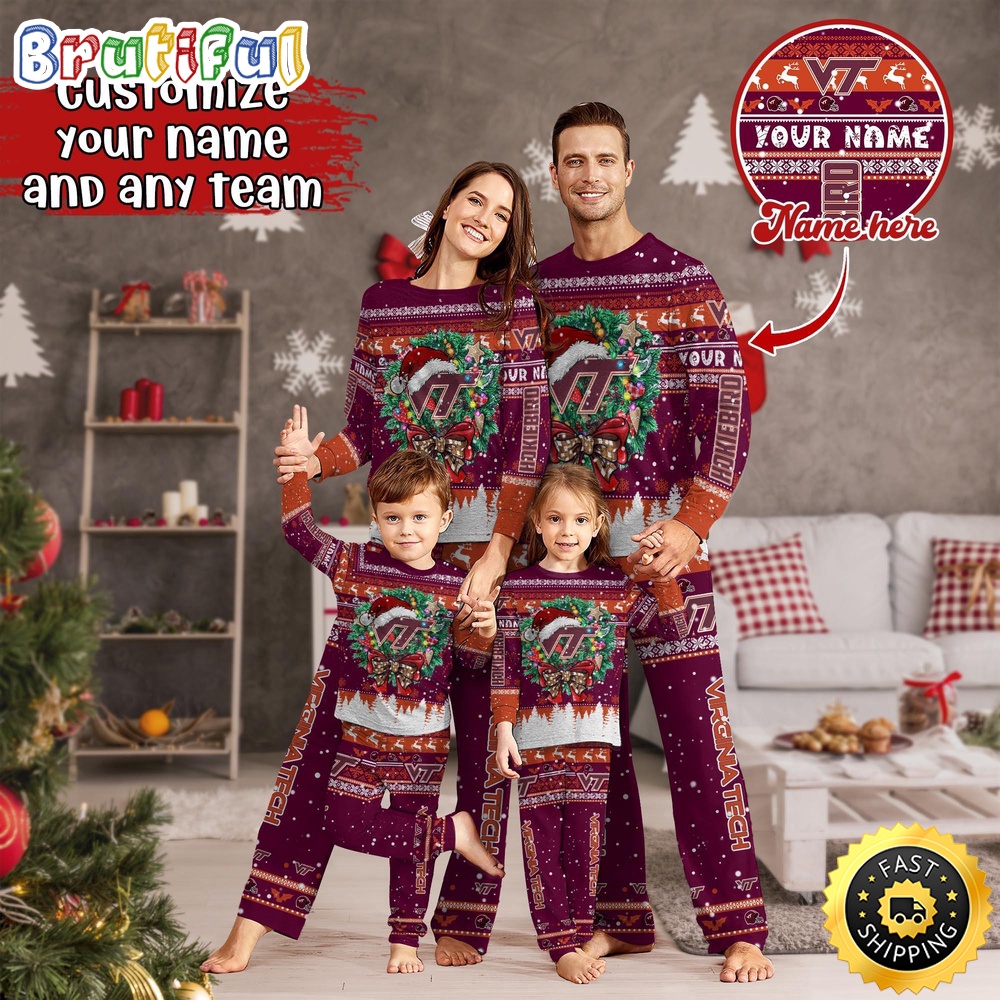 Personalized NCAA Virginia Tech Hokies Pajamas Xmas For Sports Fan