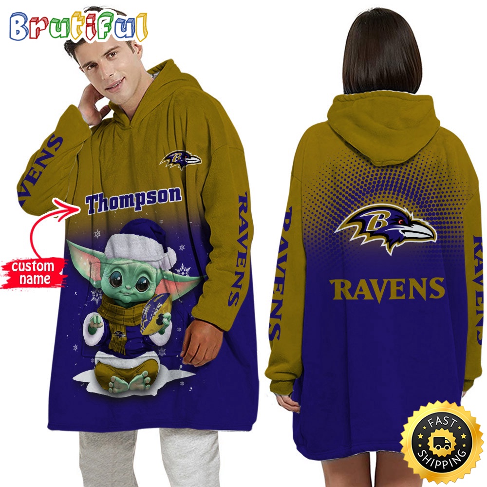 Personalized NFL Baltimore Ravens Blanket Hoodie Baby Yoda Lover Unisex Hoodie