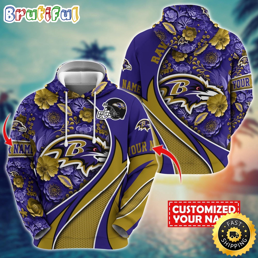 Personalized NFL Baltimore Ravens Hoodie Flower Print 3D Hoodie