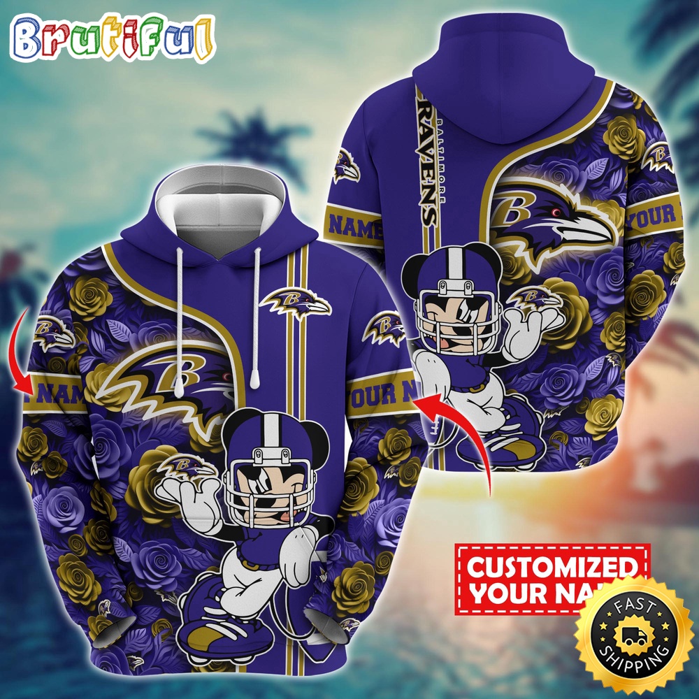 Personalized NFL Baltimore Ravens Hoodie Mickey Mouse Flower 3D Print Hoodie