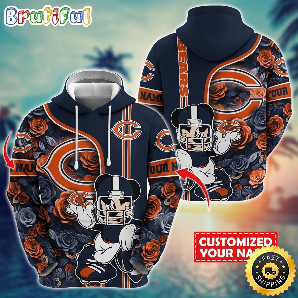 Personalized NFL Chicago Bears Hoodie Mickey Mouse Flower 3D Print Hoodie