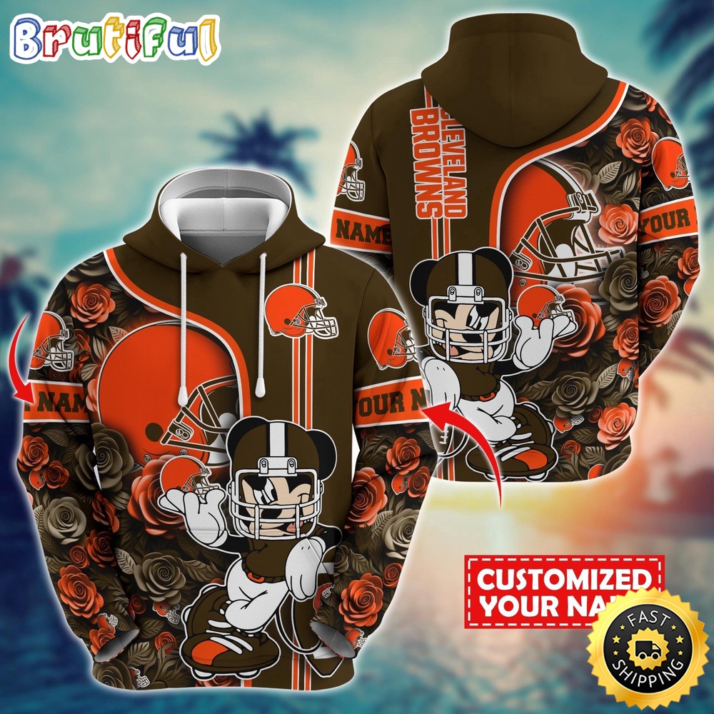 Personalized NFL Cleveland Browns Hoodie Mickey Mouse Flower 3D Print Hoodie