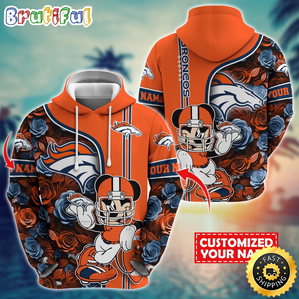 Personalized NFL Denver Broncos Hoodie Mickey Mouse Flower 3D Print Hoodie