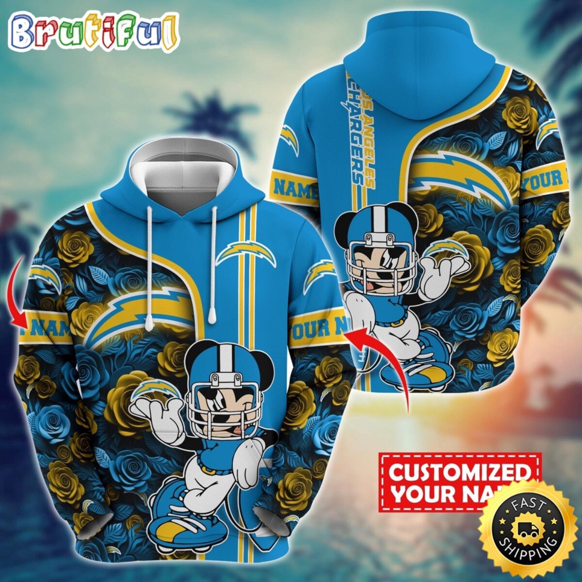 Personalized NFL Los Angeles Chargers Hoodie Mickey Mouse Flower