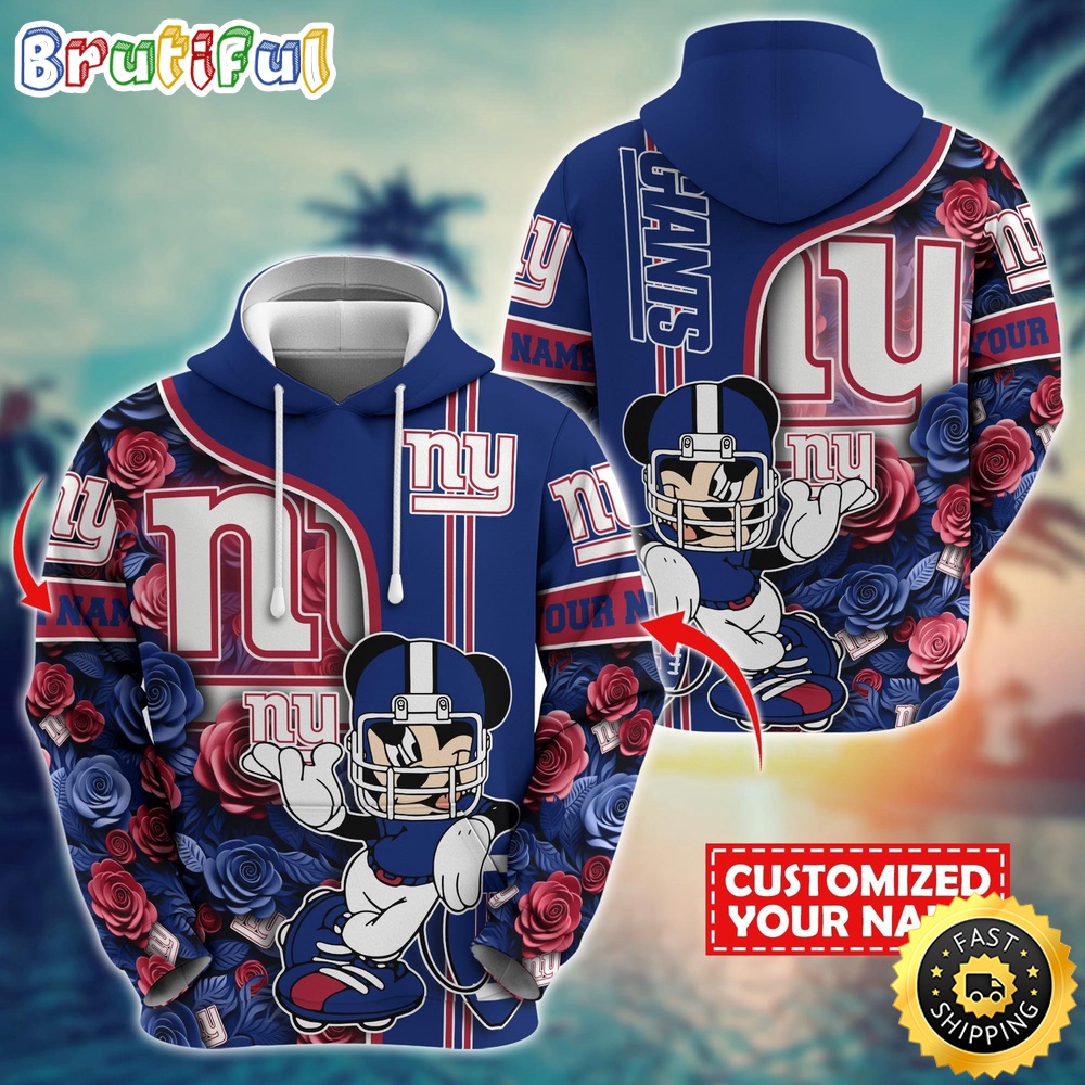 Personalized NFL New York Giants Hoodie Mickey Mouse Flower 3D Print Hoodie