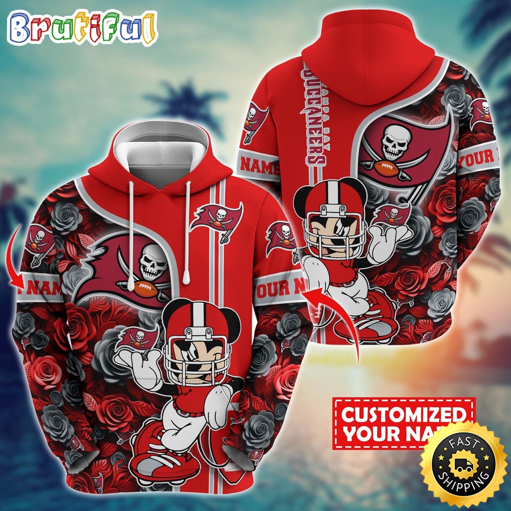 Personalized NFL Tampa Bay Buccaneers Hoodie Mickey Mouse Flower 3D Print Hoodie