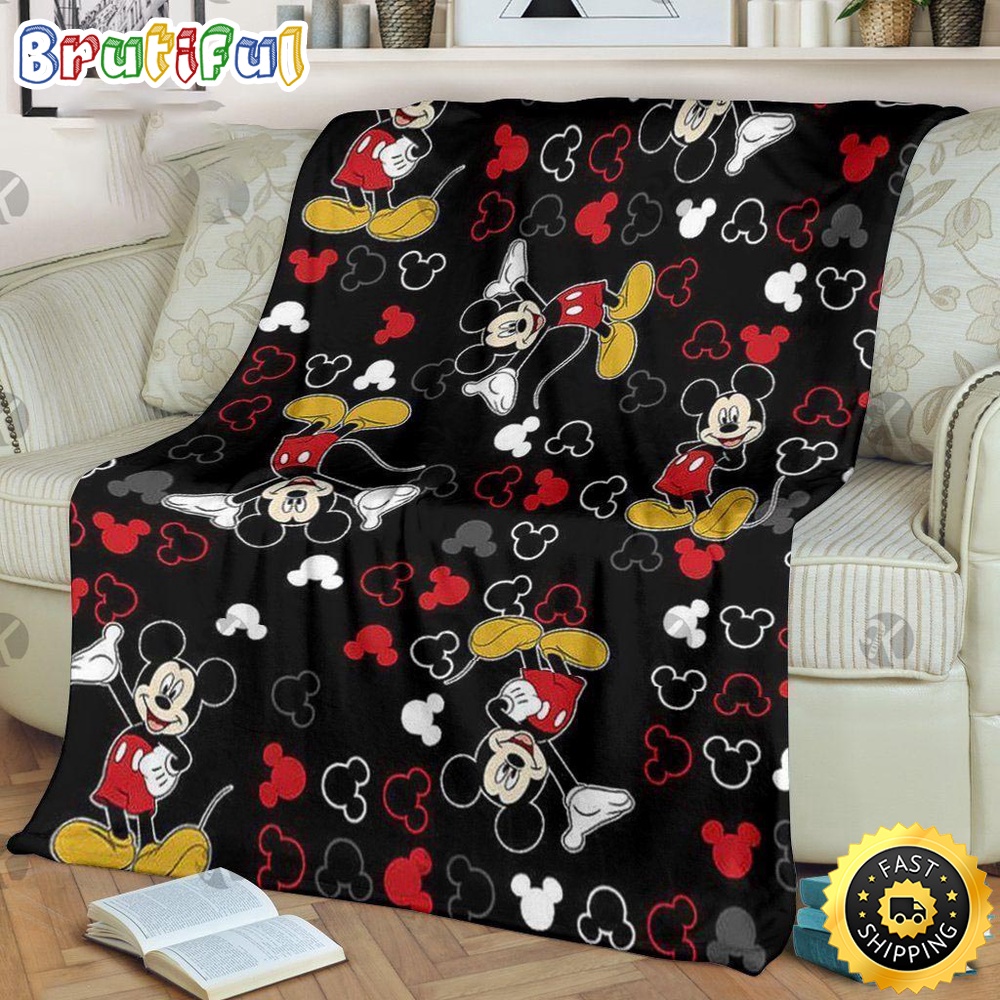 Minnie Mouse Blanket Mickey Mouse Posing Pattern Disney Symbol In Black Background Fleece Blanket