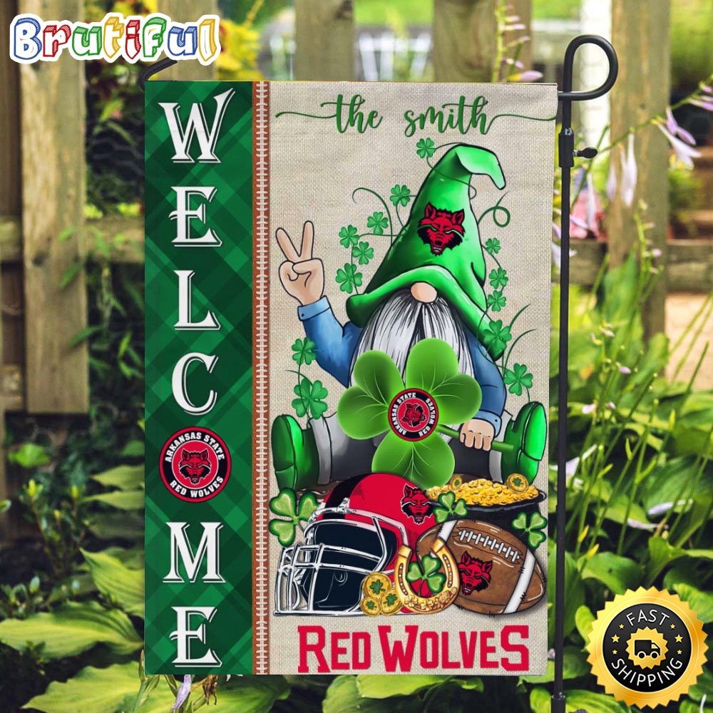 NCAA Arkansas State Red Wolves Garden Flag St Patricks Day Gnome Shamrock Welcome Garden Flag