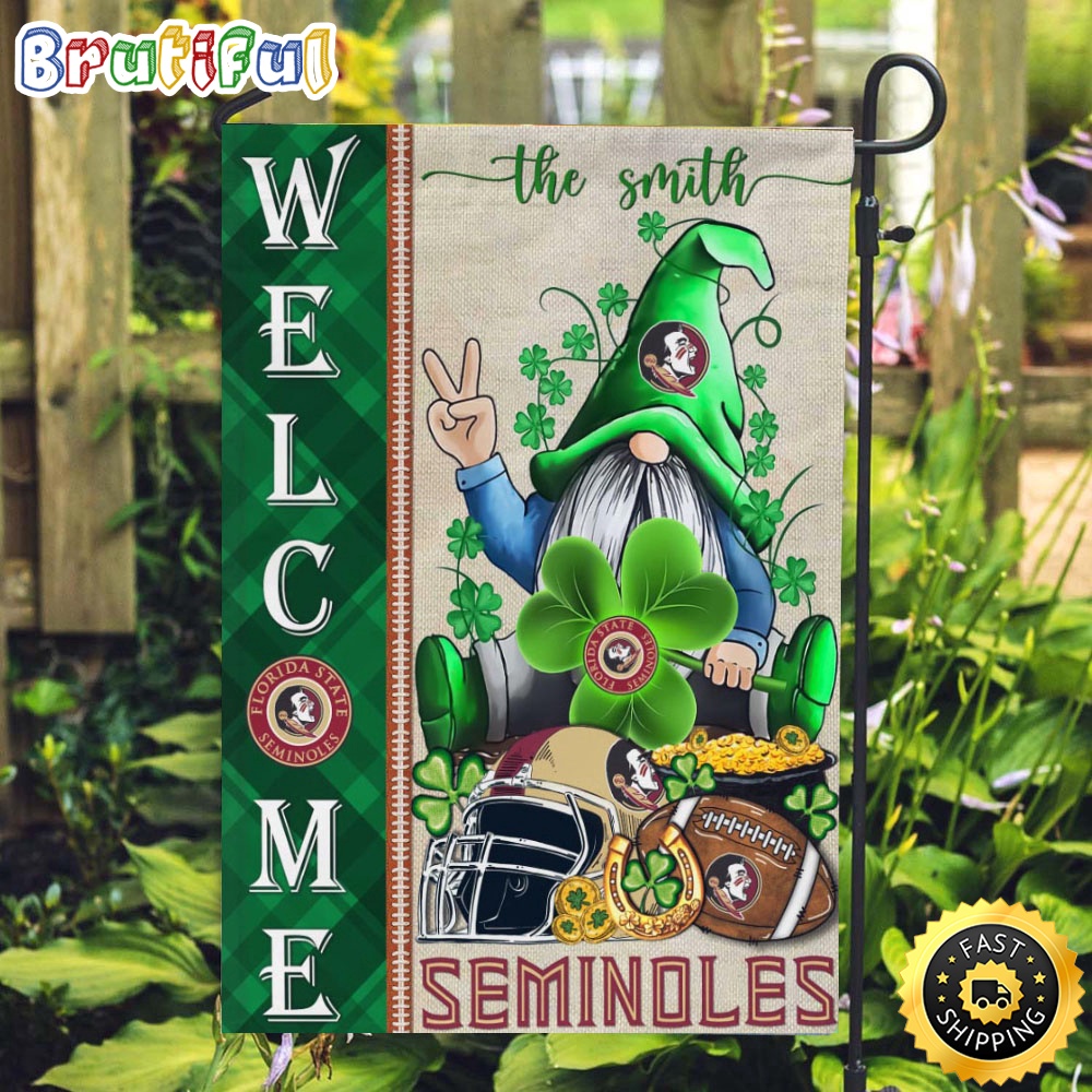NCAA Florida State Seminoles Garden Flag St Patricks Day Gnome Shamrock Welcome Garden Flag