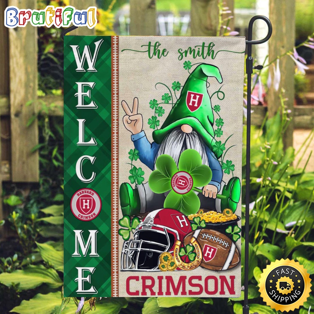 NCAA Harvard Crimson Garden Flag St Patricks Day Gnome Shamrock Welcome Garden Flag