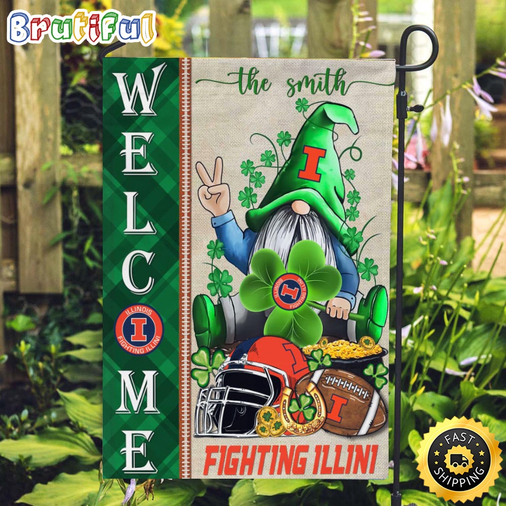 NCAA Illinois Fighting Illini Garden Flag St Patricks Day Gnome Shamrock Welcome Garden Flag