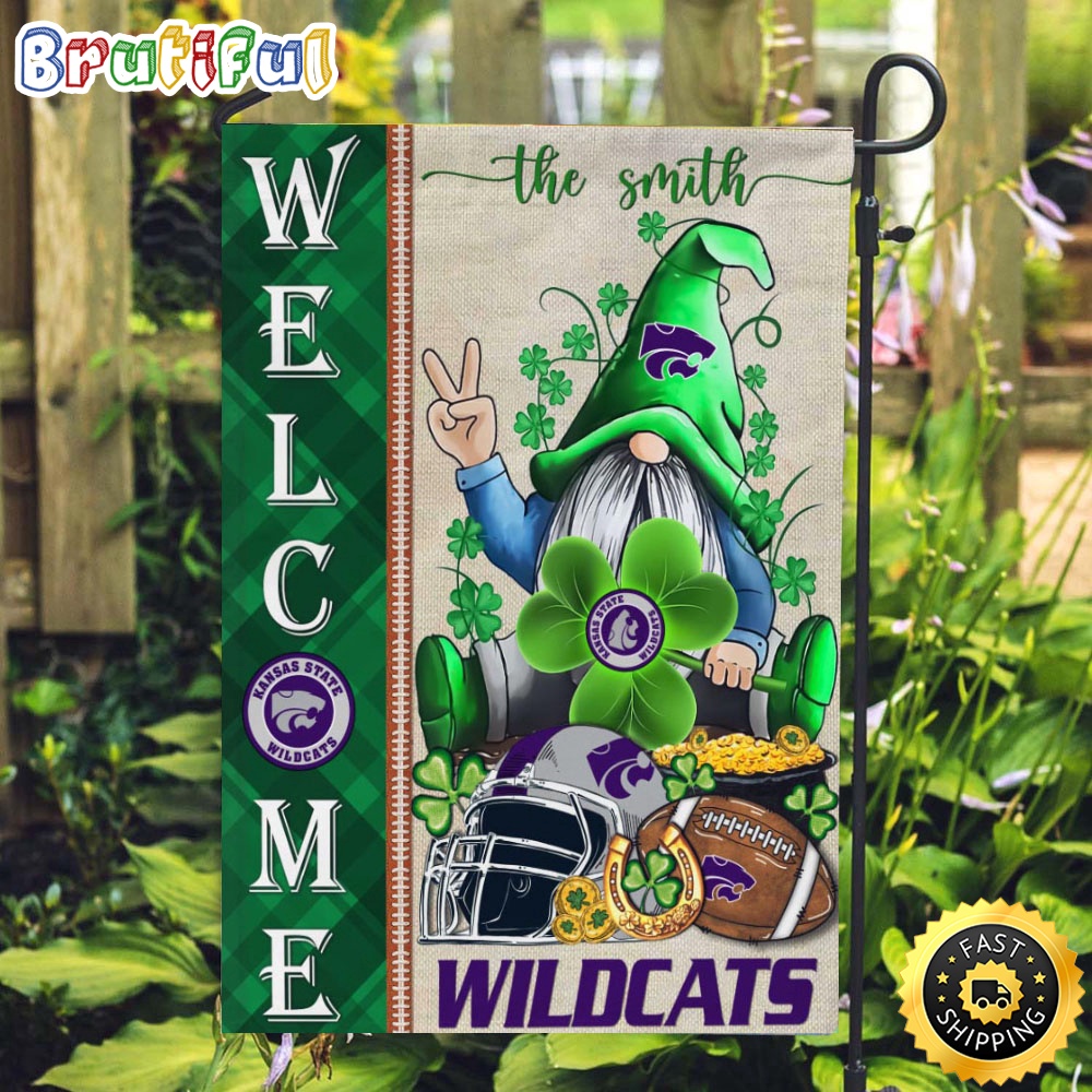 NCAA Kansas State Wildcats Garden Flag St Patricks Day Gnome Shamrock Welcome Garden Flag