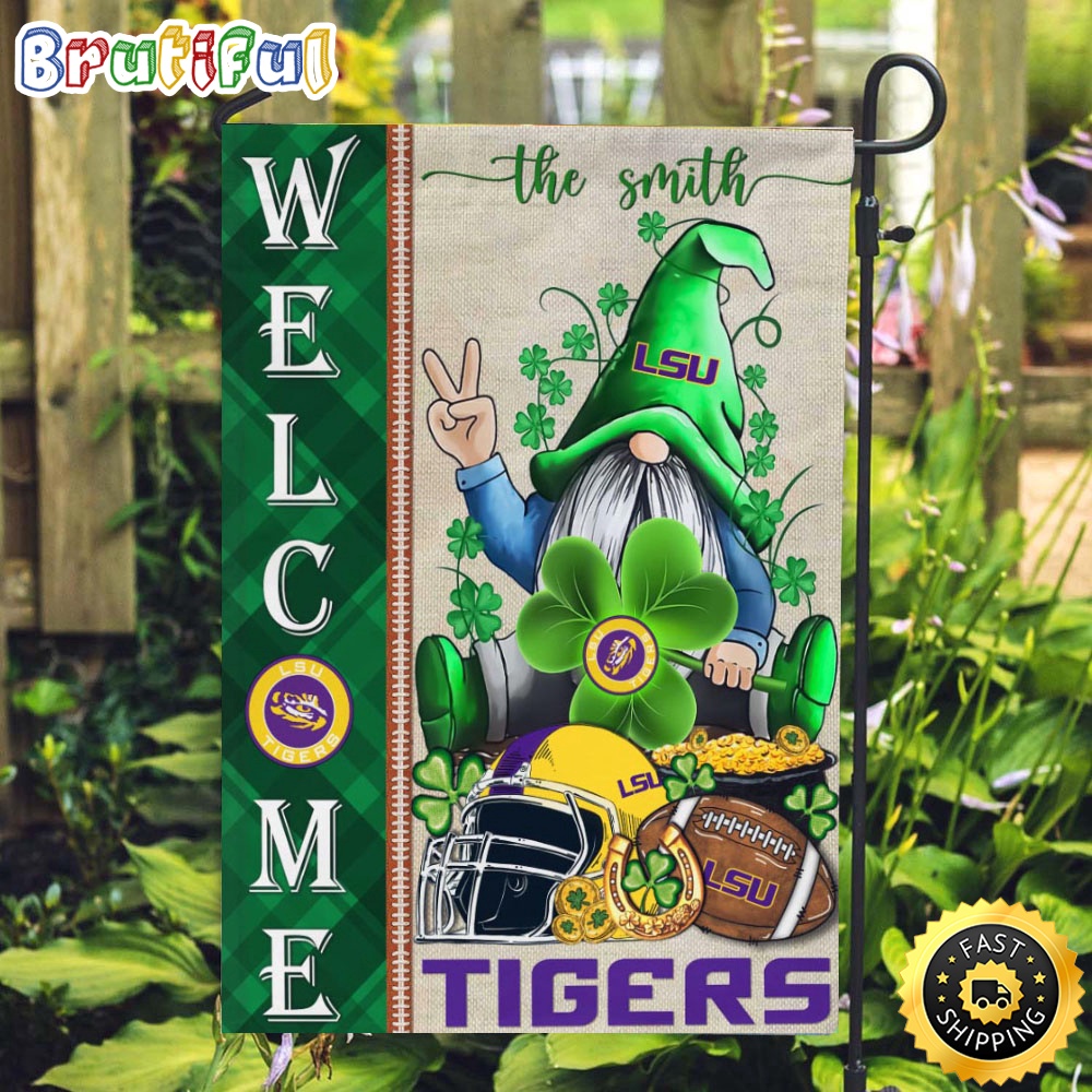 NCAA LSU Tigers Garden Flag St Patricks Day Gnome Shamrock Welcome Garden Flag
