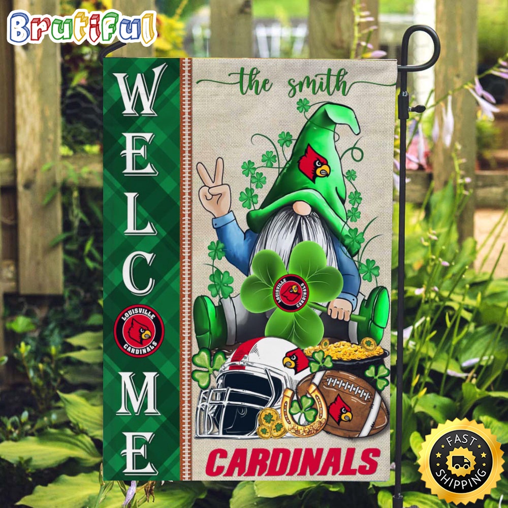 NCAA Louisville Cardinals Garden Flag St Patricks Day Gnome Shamrock Welcome Garden Flag