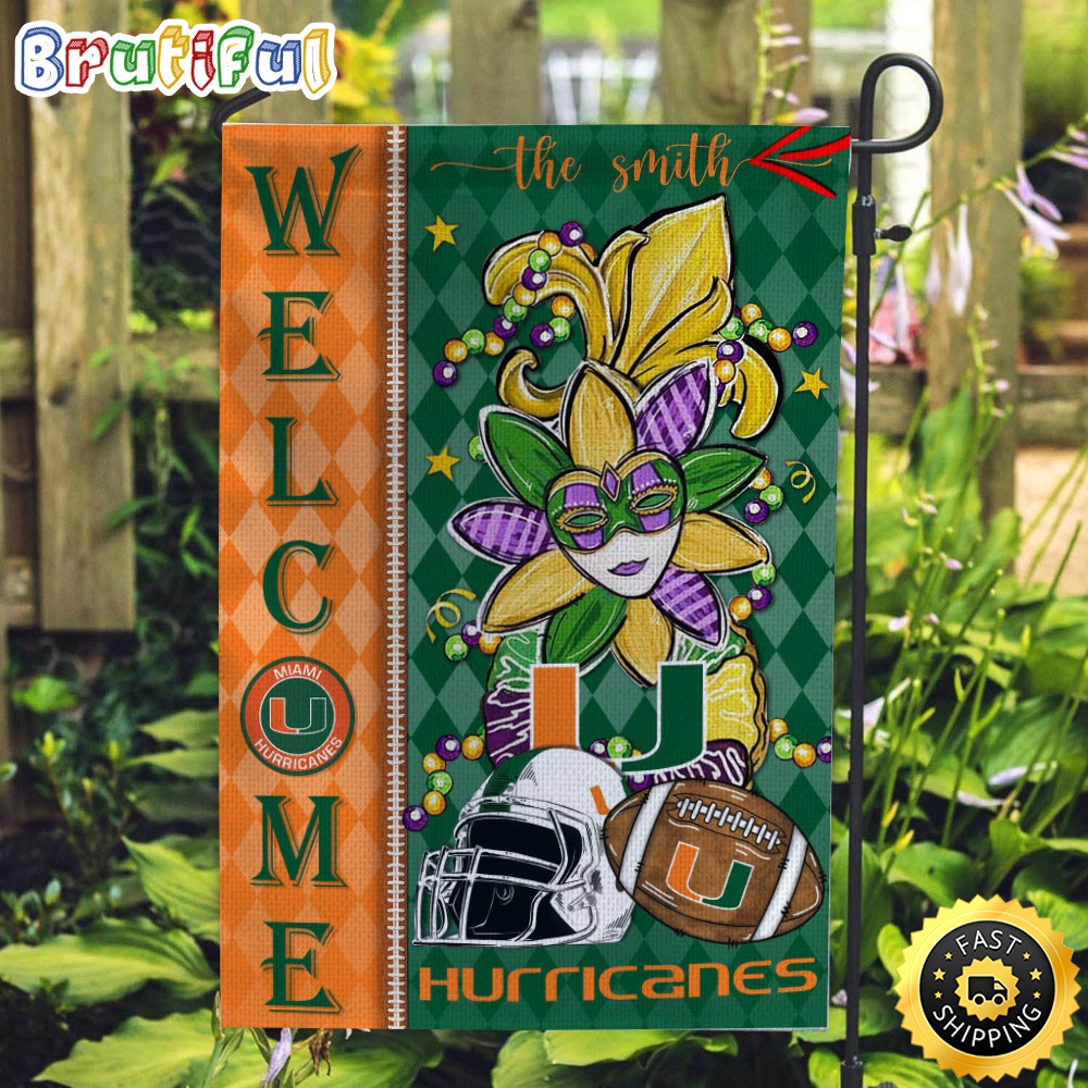 NCAA Miami Hurricanes Football Flag Mardi Gras Welcome Garden Flag