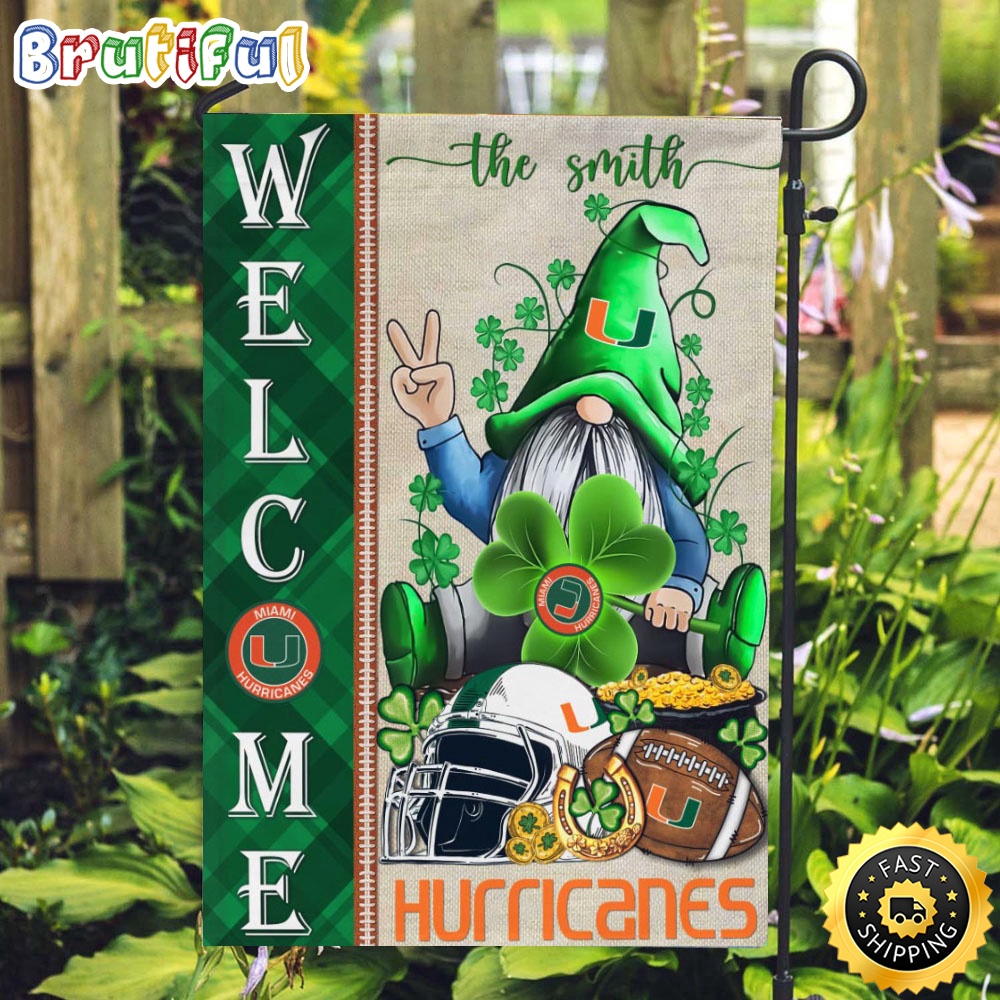 NCAA Miami Hurricanes Garden Flag St Patricks Day Gnome Shamrock Welcome Garden Flag