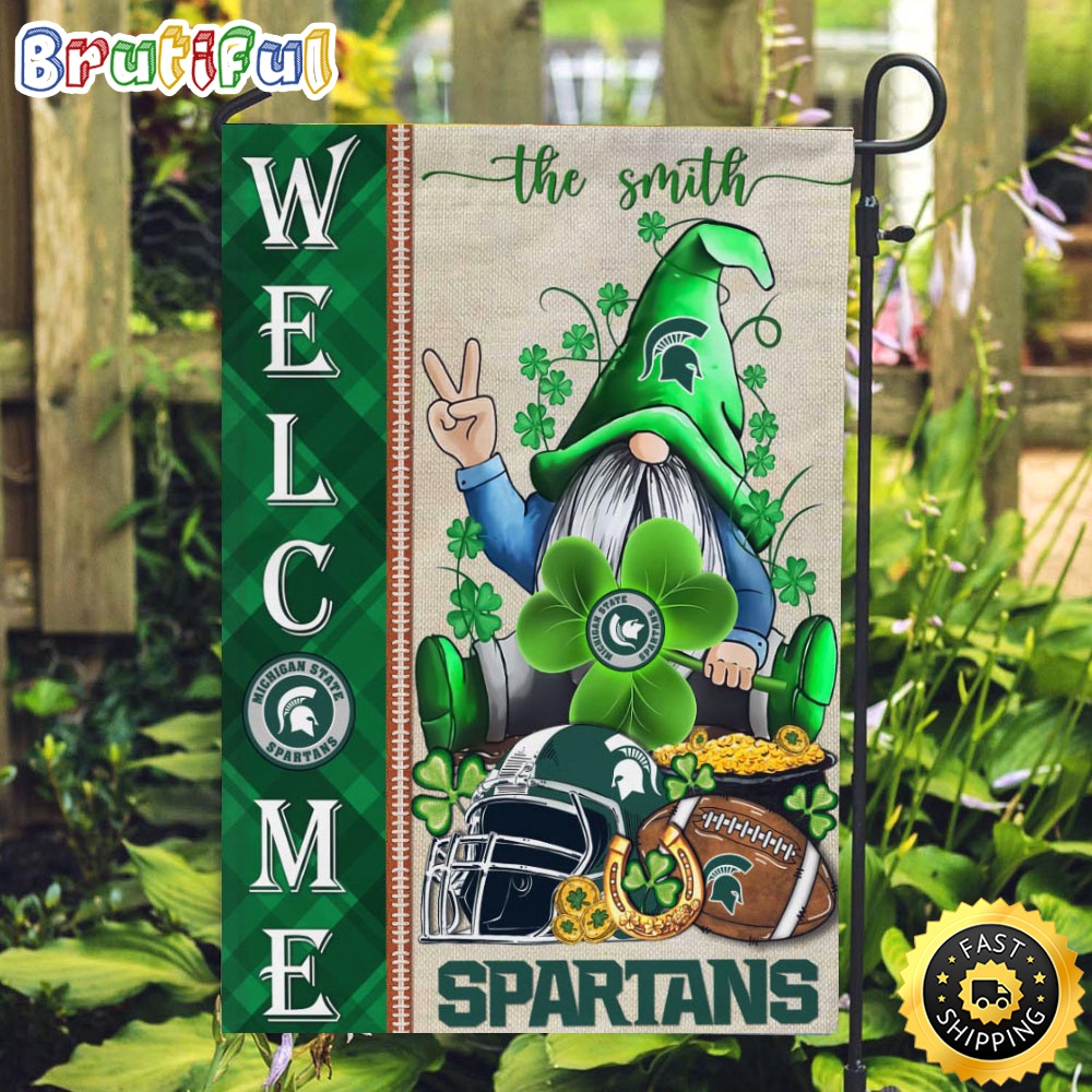 NCAA Michigan State Spartans Garden Flag St Patricks Day Gnome Shamrock Welcome Garden Flag