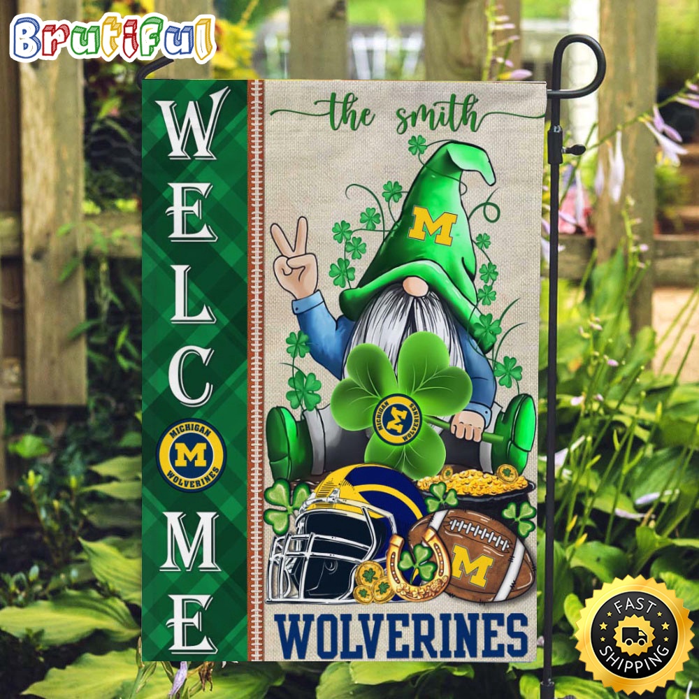NCAA Michigan Wolverines Garden Flag St Patricks Day Gnome Shamrock Welcome Garden Flag