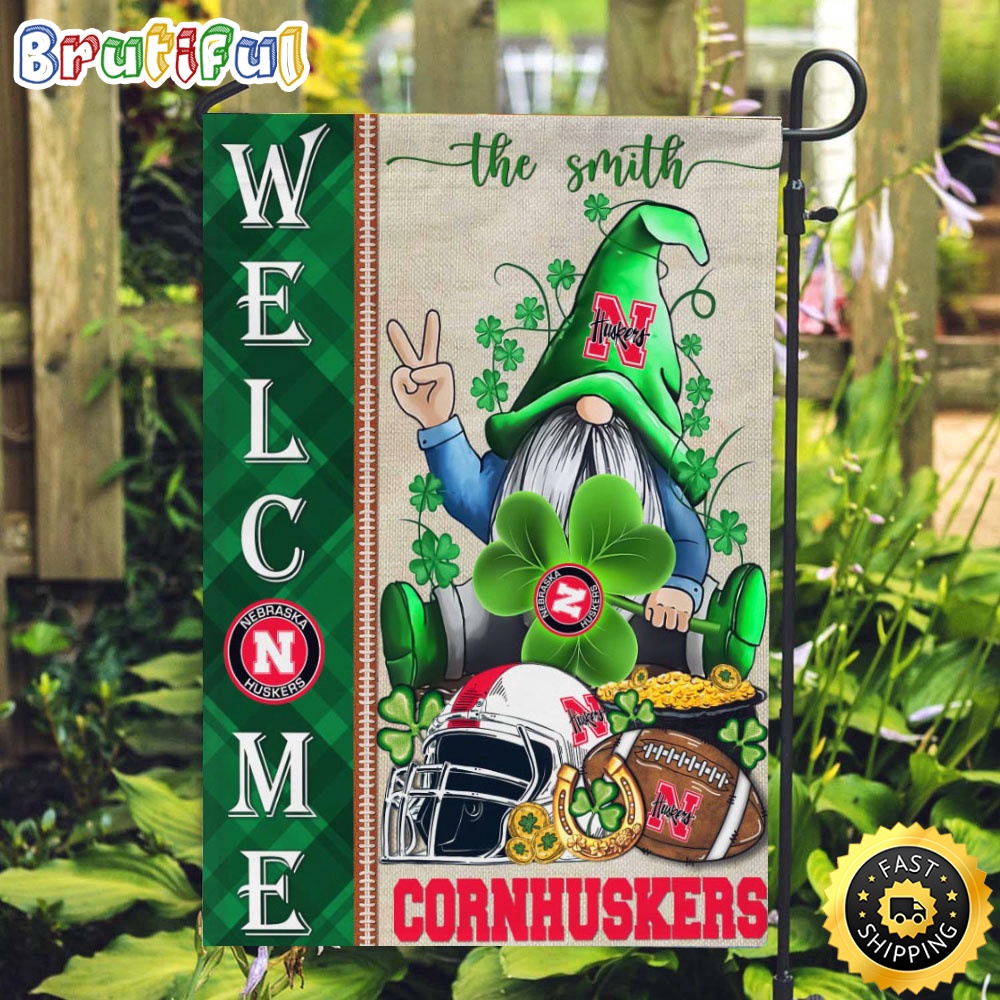 NCAA Nebraska Cornhuskers Garden Flag St Patricks Day Gnome Shamrock Welcome Garden Flag