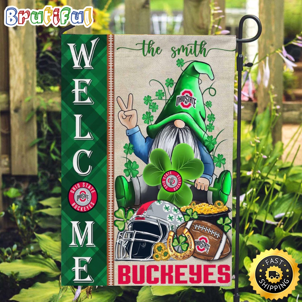 NCAA Ohio State Buckeyes Garden Flag St Patricks Day Gnome Shamrock Welcome Garden Flag