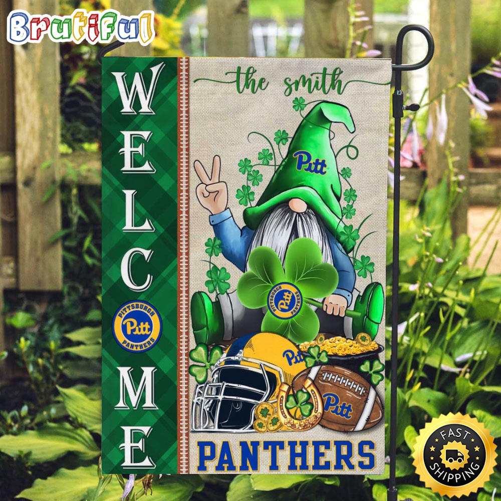 NCAA Pittsburgh Panthers Garden Flag St Patricks Day Gnome Shamrock Welcome Garden Flag