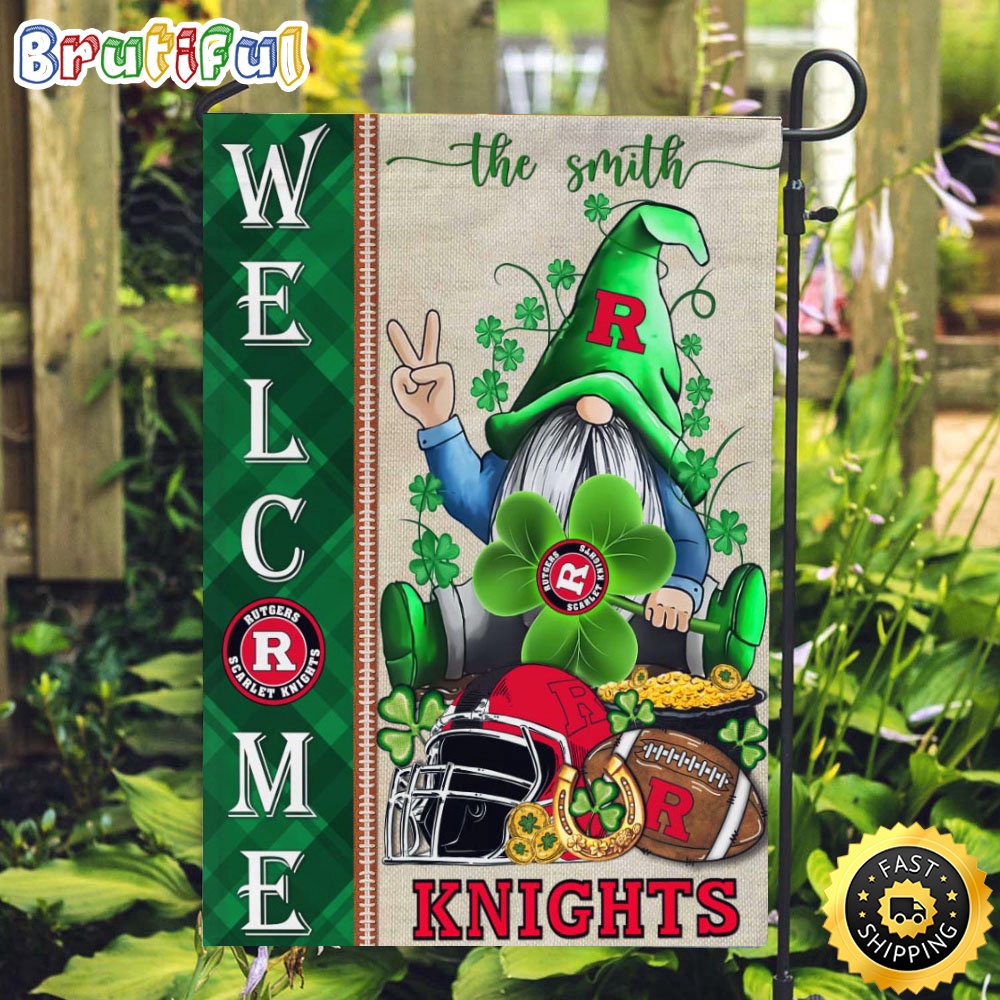 NCAA Rutgers Scarlet Knights Garden Flag St Patricks Day Gnome Shamrock Welcome Garden Flag