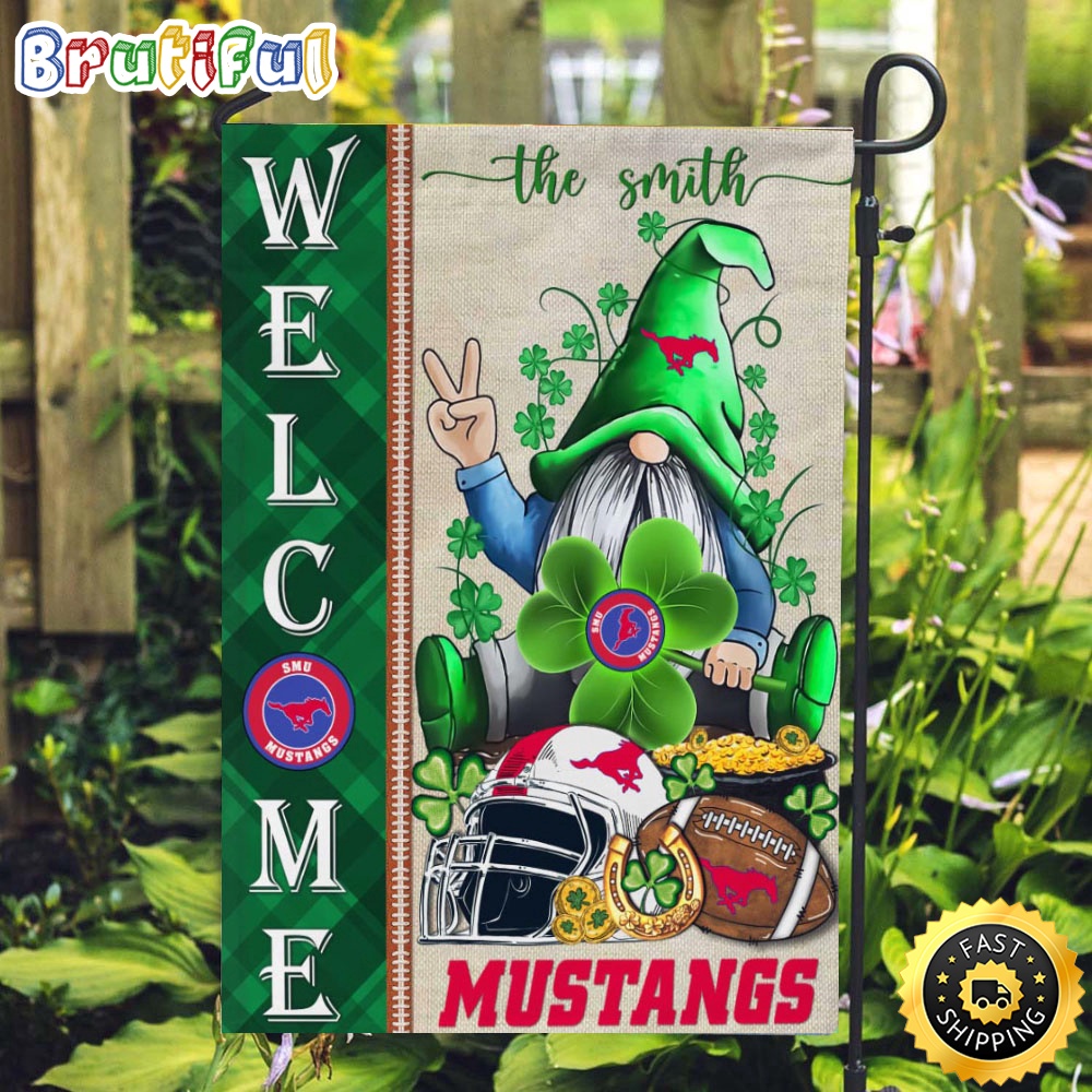 NCAA SMU Mustangs Garden Flag St Patricks Day Gnome Shamrock Welcome Garden Flag