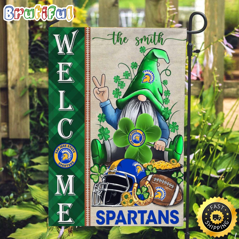 NCAA San Jose State Spartans Garden Flag St Patricks Day Gnome Shamrock Welcome Garden Flag