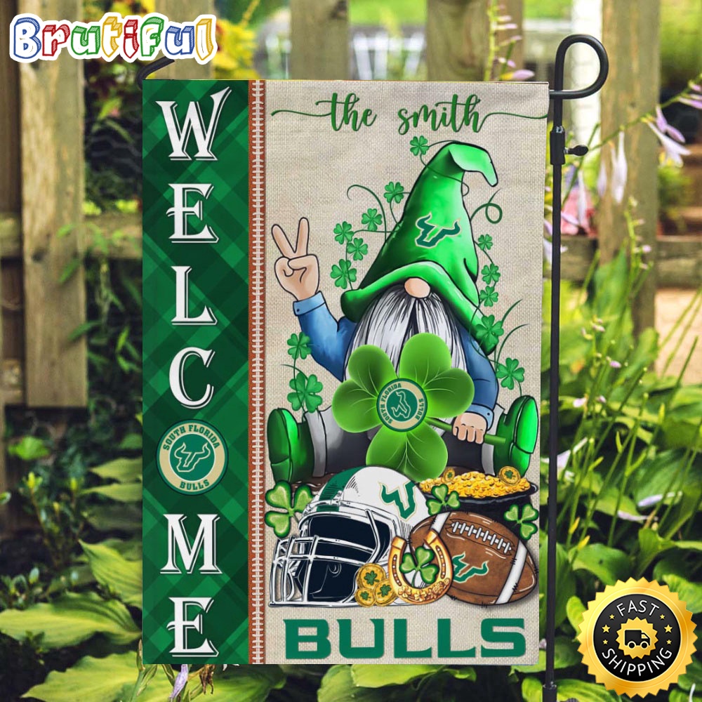 NCAA South Florida Bulls Garden Flag St Patricks Day Gnome Shamrock Welcome Garden Flag