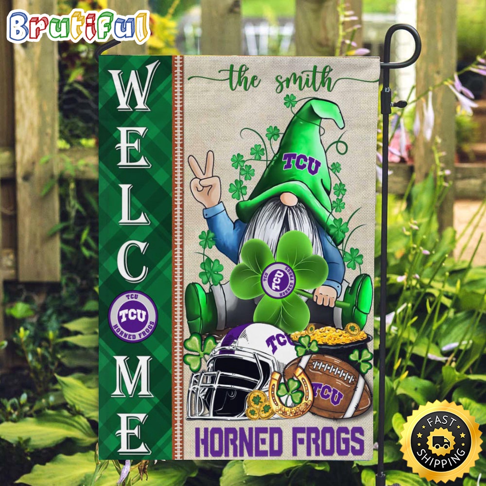 NCAA TCU Horned Frogs Garden Flag St Patricks Day Gnome Shamrock Welcome Garden Flag