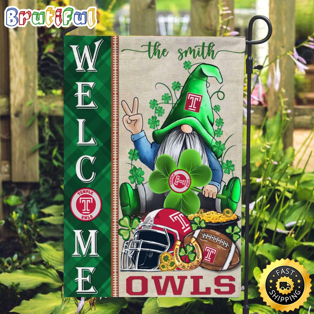 NCAA Temple Owls Garden Flag St Patricks Day Gnome Shamrock Welcome Garden Flag