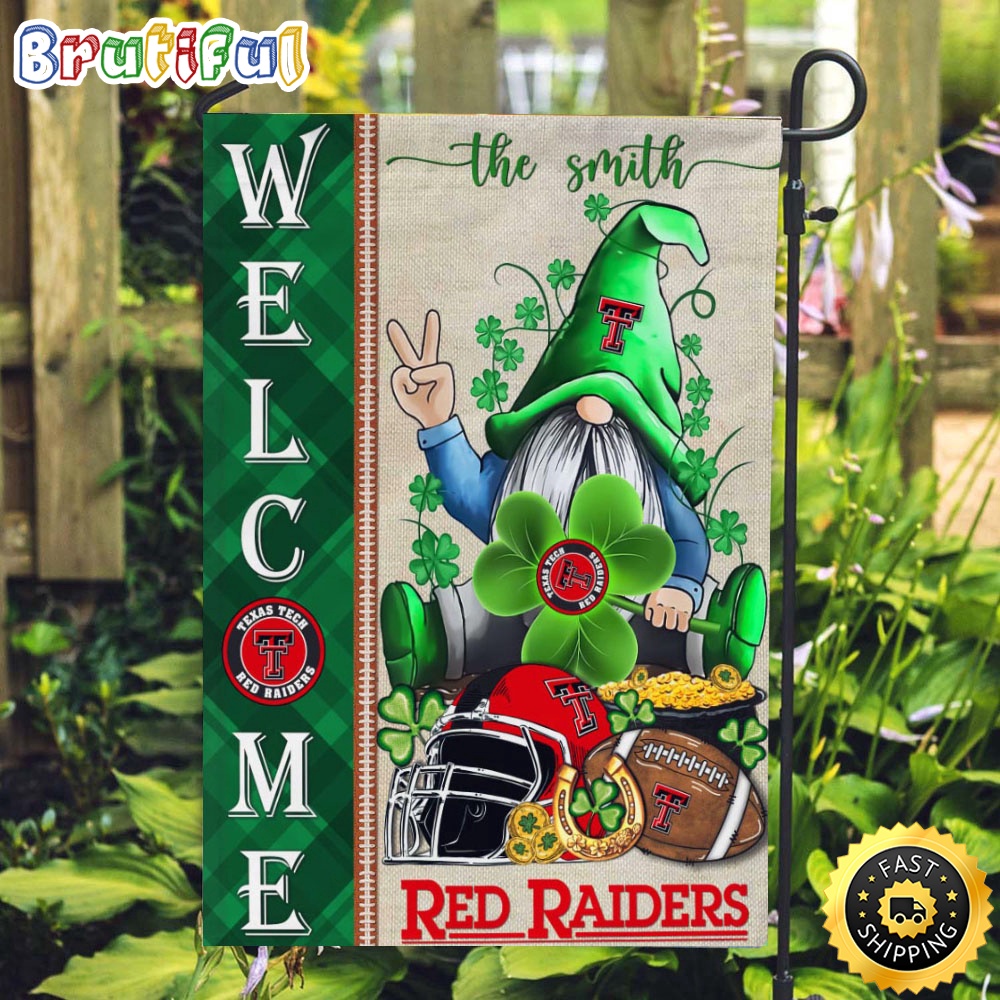 NCAA Texas Tech Red Raiders Garden Flag St Patricks Day Gnome Shamrock Welcome Garden Flag