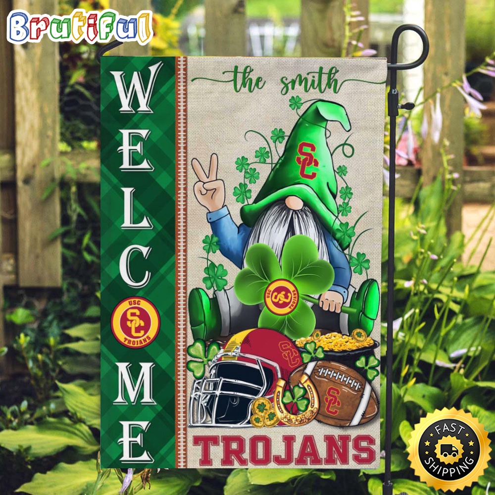 NCAA USC Trojans Garden Flag St Patricks Day Gnome Shamrock Welcome Garden Flag