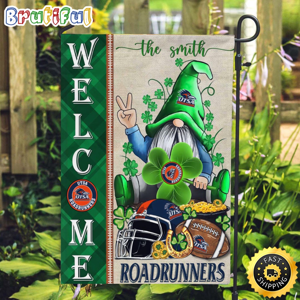 NCAA UTSA Roadrunners Garden Flag St Patricks Day Gnome Shamrock Welcome Garden Flag